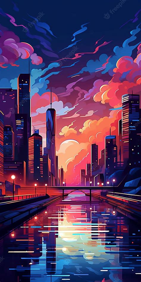 Premium AI Image | Night city landscape with illuminated skyscrapers and river Vector illustration