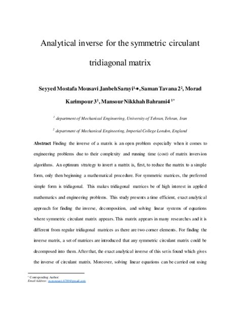 (PDF) Analytical Inverse for the Symmetric Circulant Tridiagonal Matrix | Saman Tavana ...