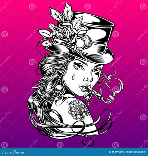 Girl Hat Rose Retro Smoke Drawing Vector Stock Vector - Illustration of ...