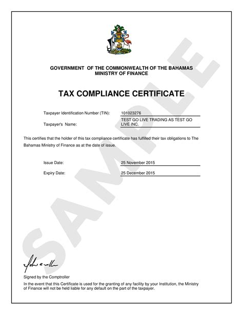 Tax Compliance Certificate - Department of Inland Revenue