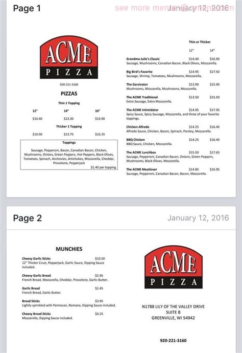 Online Menu of Acme Pizza Restaurant, Greenville, Wisconsin, 54942 - Zmenu