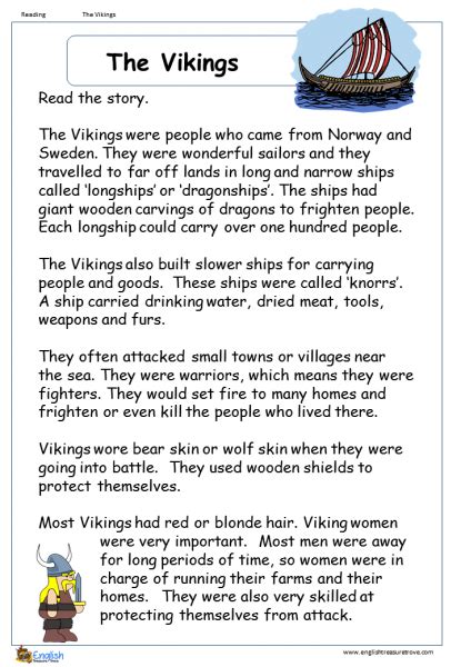 The Vikings Reading Comprehension Worksheet – English Treasure Trove ...