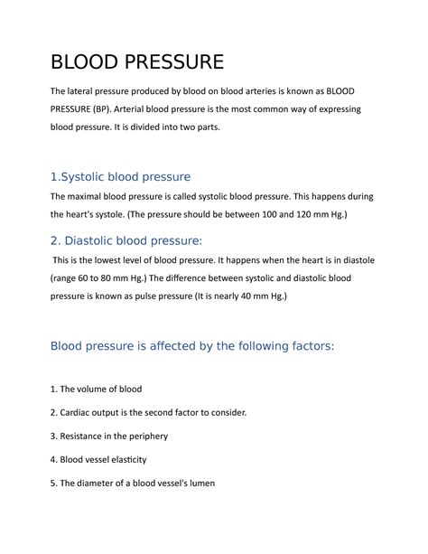 Blood Pressure - Lecture notes 7-8 - BLOOD PRESSURE The lateral pressure produced by blood on ...