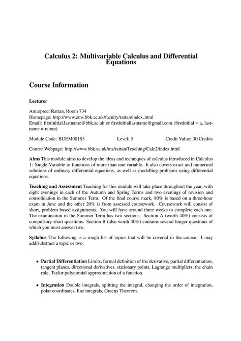 Syllabus - calculus 1 - Calculus 2: Multivariable Calculus and Differential Equations Course ...