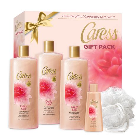 Caress 5-Pc Daily Silk Body Wash Gift Set with BONUS Pouf (3 x Body Wash, Travel Body Wash ...