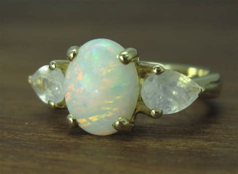 Opal and Moonstone Engagement Ring, Opal Three Stone Engagement Ring, Vintage Opal Ring, Antique ...