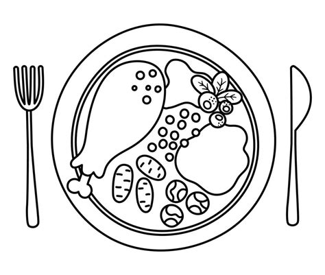 Vector black and white plate with traditional Thanksgiving meal, fork and knife. Outline roast ...