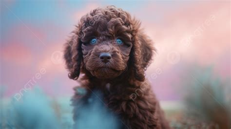 A Brown Poodle Puppy Has Blue Eyes, American Water Spaniel, Blue Fur, Cotton Candy Clouds ...