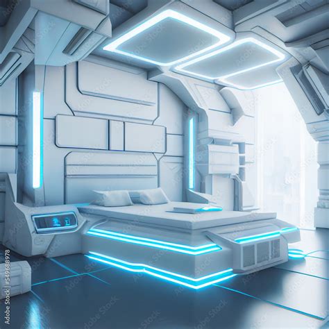 Futuristic sci-fi architecture white neon bedroom interior design. High ...