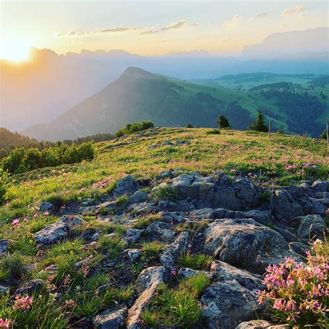 Sunrise from the top of a mountain in the Dolomites near Fie Allo ...