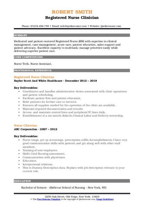 Nurse Clinician Resume Samples | QwikResume