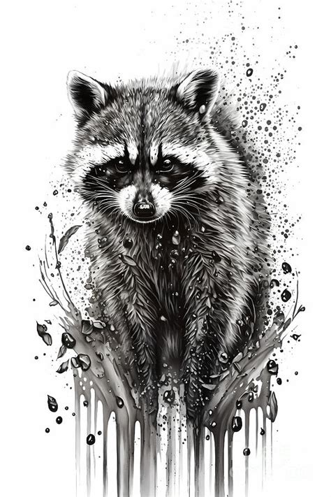 Raccoon Ink Drawing In Splash of Inked Black and White Animal Intricate ...