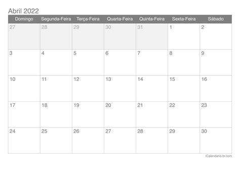 Calendário abril 2022 para imprimir - iCalendário.br.com