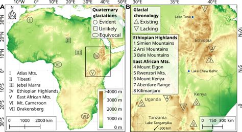 Quaternary glaciations in Africa. (A) Topographic map showing mountain ...