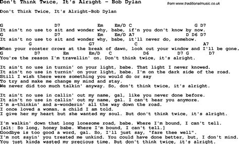 Song Don't Think Twice, It's Alright by Bob Dylan, song lyric for vocal ...