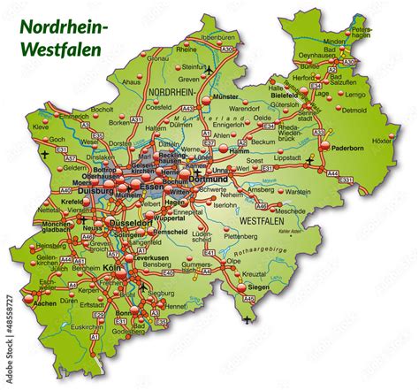 Landkarte von Nordrhein-Westfalen mit Autobahnnetz Stock-Vektorgrafik ...