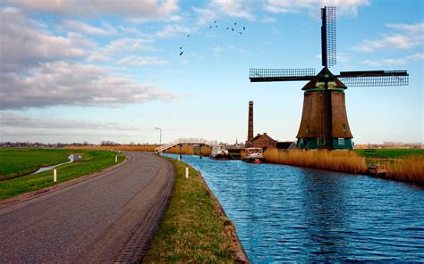 Download River Netherlands Road Man Made Windmill Wallpaper