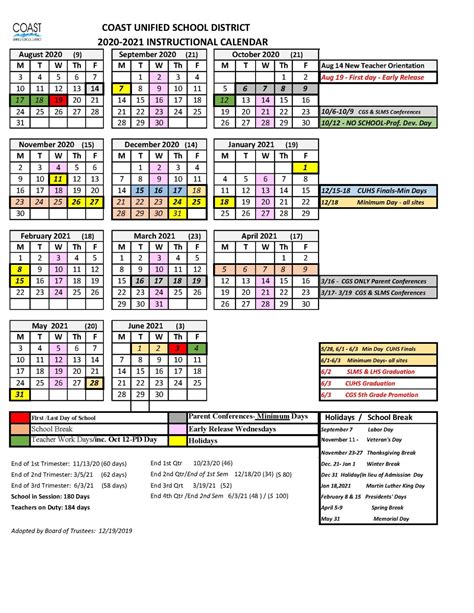 Coast Unified School District Calendar 2024-2025