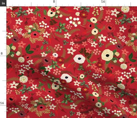 Vintage Christmas Floral Red Fabric | Spoonflower