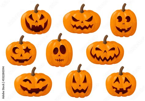 Halloween pumpkin faces set. Collection of funny jack o lantern pumpkins isolated on a white ...