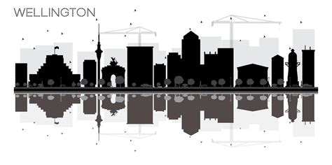 Wellington City skyline black and white silhouette with reflections ...