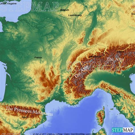 StepMap - Major Mountain Ranges in Europe - Landkarte für Southwest Europe