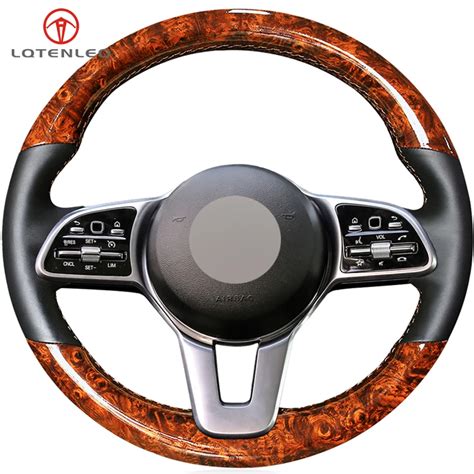 LQTENLEO Black Genuine Leather Wood Grain Car Steering Wheel Cover For ...