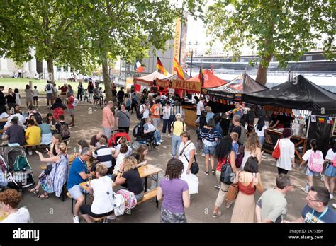 International food festival at Greenwich, London, UK. Vendors selling ...