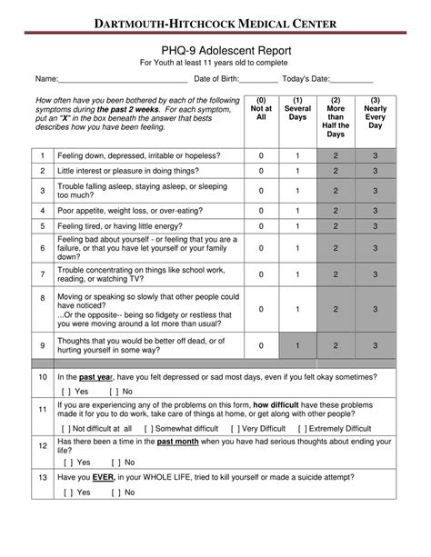 New Hampshire Phq-9 Depression Questionnaire for Adolescents - Child Version - Fill Out, Sign ...