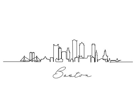 Single line drawing Boston city skyline, United States. Historical town landscape in world. Best ...