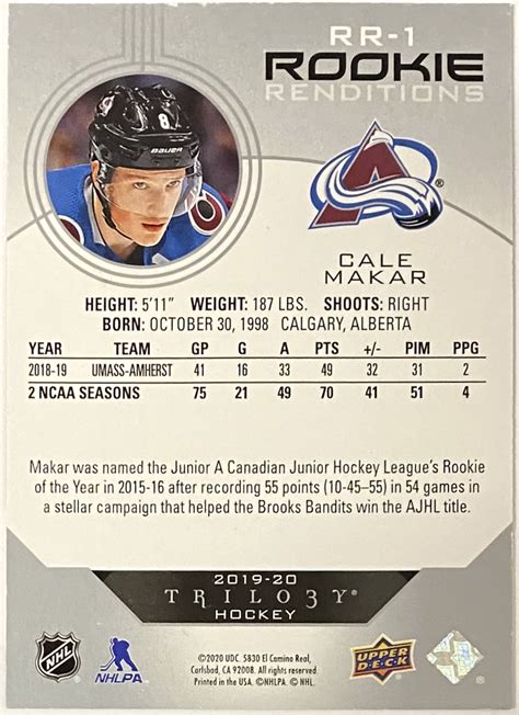 Cale Makar 2019-20 Upper Deck Trilogy Hockey Colorado Avalanche Rookie ...