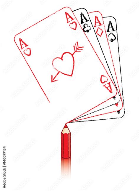 Pencil Drawing Ace of Hearts with fan of playing cards and Cupid's ...