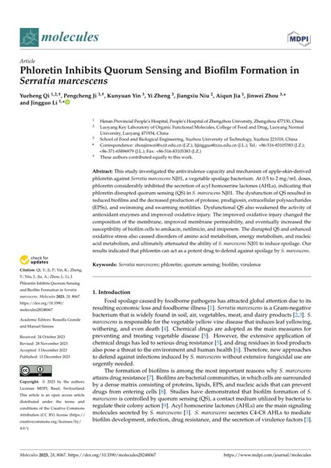 (PDF) Phloretin Inhibits Quorum Sensing and Biofilm Formation in Serratia marcescens