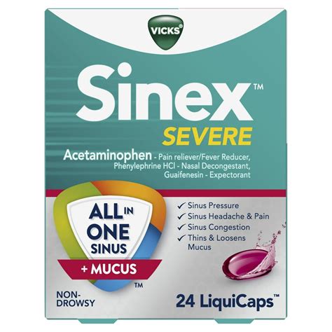 Vicks Sinex Severe Sinus, Pain, Congestion, Mucus LiquiCaps, 24 Ct ...