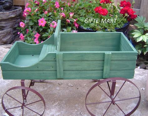 Green WOOD Wagon ROLLING amish country cart Flower plant pot stand ...