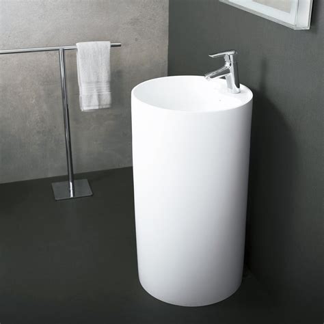 DAX Solid Surface Round Pedestal Freestanding Bathroom Sink, White Mat