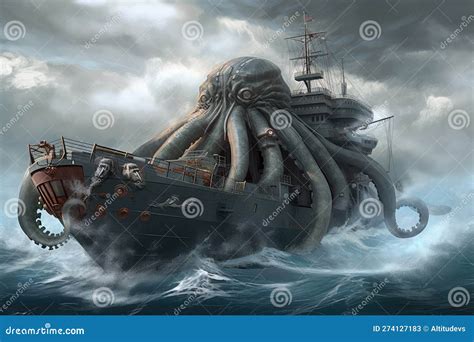 Octopus Kraken Monster Attacking Submarine, with Tentacles Wrapping ...