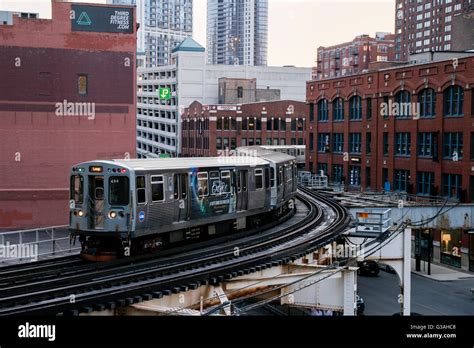 CTA Brown Line train at the Hubbard Street curve. Chicago Illinois ...