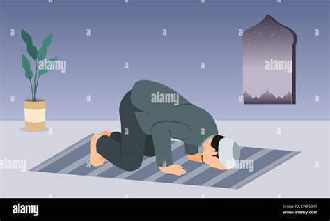 A Muslim man in prostration prayer position on prayer mat. Vector ...