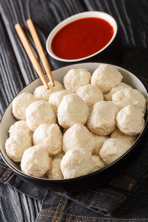 Bakso Ayam Recipe Indonesian Meatballs from Chicken with Sauce Close Up in the Bowl. Vertical ...