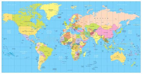 Detailed Political World Map: Countries, Cities, Water Objects Stock ...