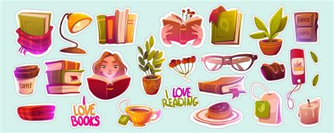 Stickers with books, reading girl, coffee, glasses 16263129 Vector Art ...