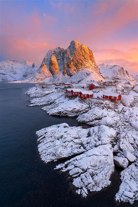 Red Cabins In Winter Snow Covered Mountains Lofoten Print | Photos by Joseph C. Filer