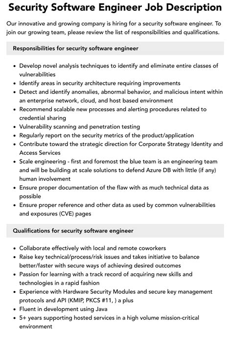 Security Software Engineer Job Description | Velvet Jobs