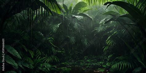 Jungle during heavy rain. Dark tropical forest with exotic plants, palm ...