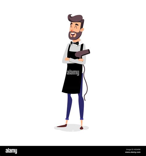 Cartoon successful hairdresser in an apron with a hair dryer in hand. Young A stylish ...