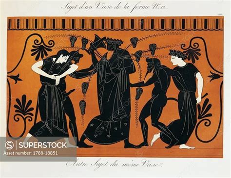 Scene from ancient Greek vase with Dionysus in a vineyard surrounded by Satyrs and Maenads by ...