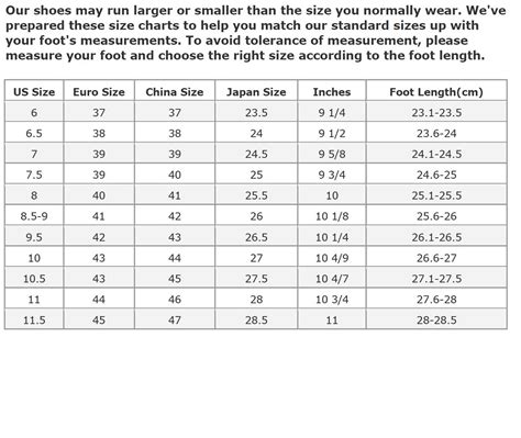 Men's Shoe Sizing Chart Printable