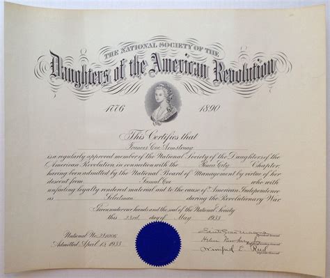 Membership Certificate de DAUGHTERS OF THE AMERICAN REVOLUTION: unbound ...