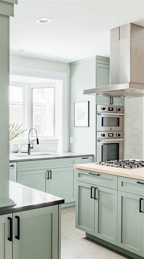 Transitional Light Mint Green Kitchen Cabinets
